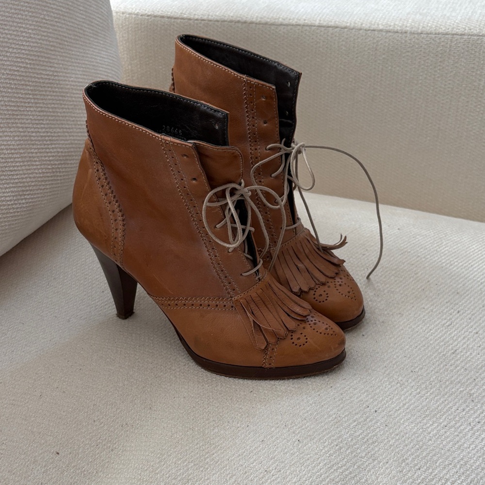 J. Crew Tan Leather Heeled Boots with Fringe
